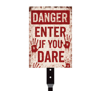 Danger Enter If You Dare Halloween Yard Sign with 16" Stake, Rust-Free Aluminum Scary Garden Decoration, Outdoor Haunted House Warning Sign