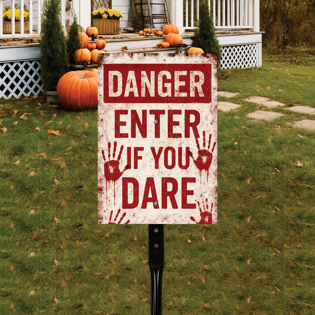Danger Enter If You Dare Halloween Yard Sign with 16" Stake, Rust-Free Aluminum Scary Garden Decoration, Outdoor Haunted House Warning Sign