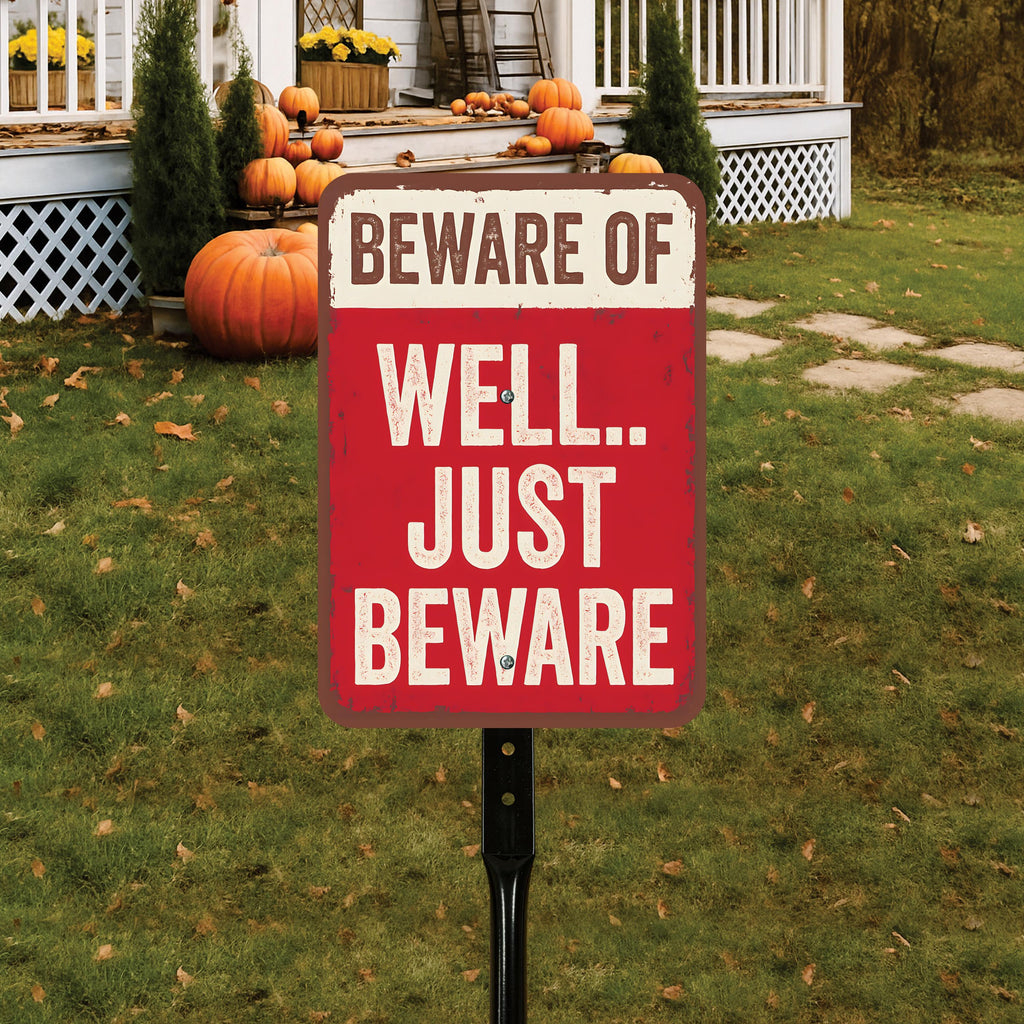 Beware of Well Just Beware Halloween Yard Sign with 16" Stake, Rust-Free Aluminum Funny Scary Sign, Outdoor Haunted House Garden Decoration