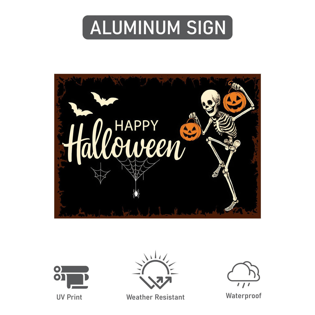 Happy Halloween Yard Sign with 16" Stake, Rust-Free Aluminum Skeleton Pumpkin Lawn Sign, Outdoor Spooky Halloween Garden Decoration