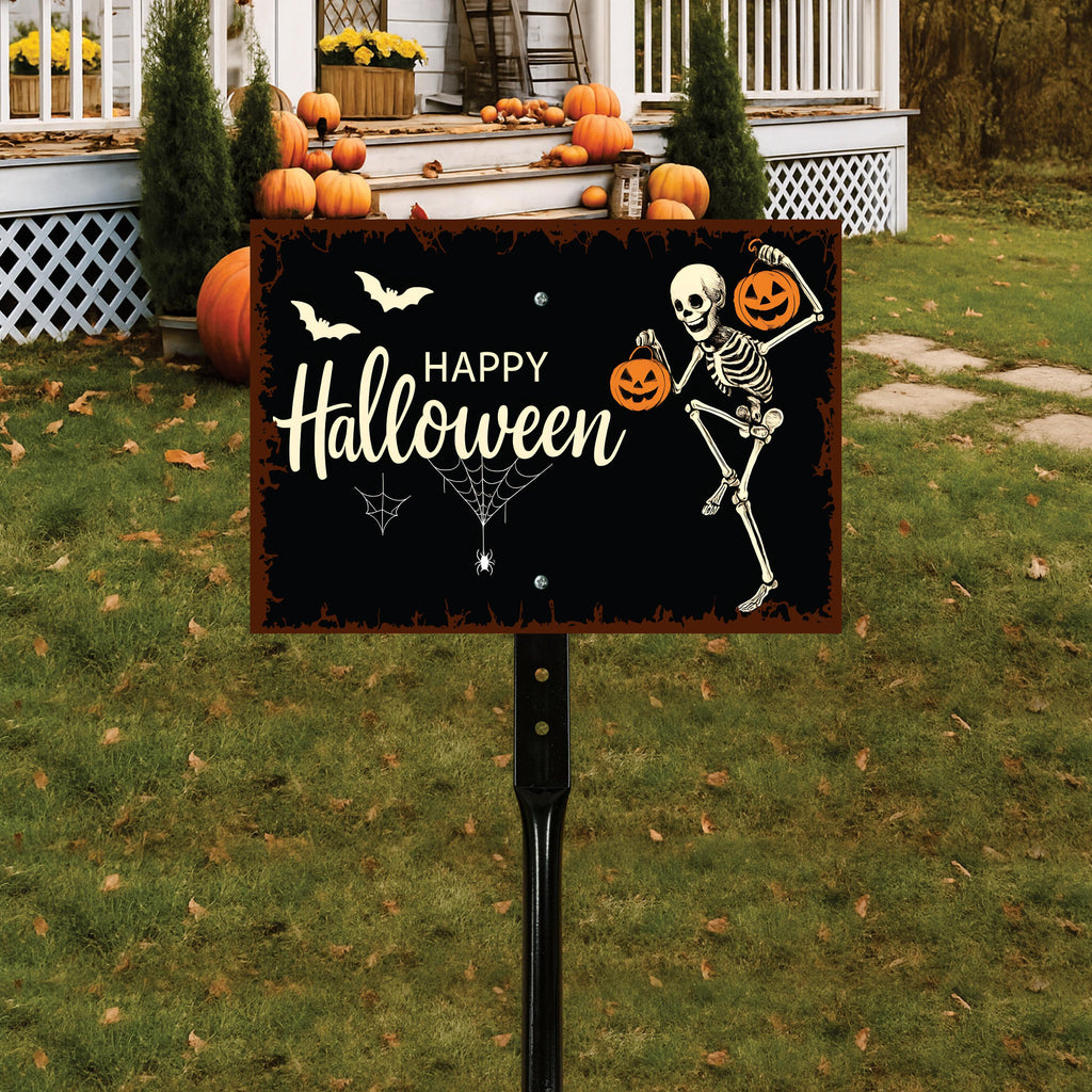 Happy Halloween Yard Sign with 16" Stake, Rust-Free Aluminum Skeleton Pumpkin Lawn Sign, Outdoor Spooky Halloween Garden Decoration