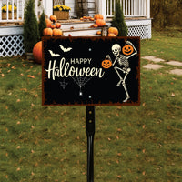 Happy Halloween Yard Sign with 16" Stake, Rust-Free Aluminum Skeleton Pumpkin Lawn Sign, Outdoor Spooky Halloween Garden Decoration