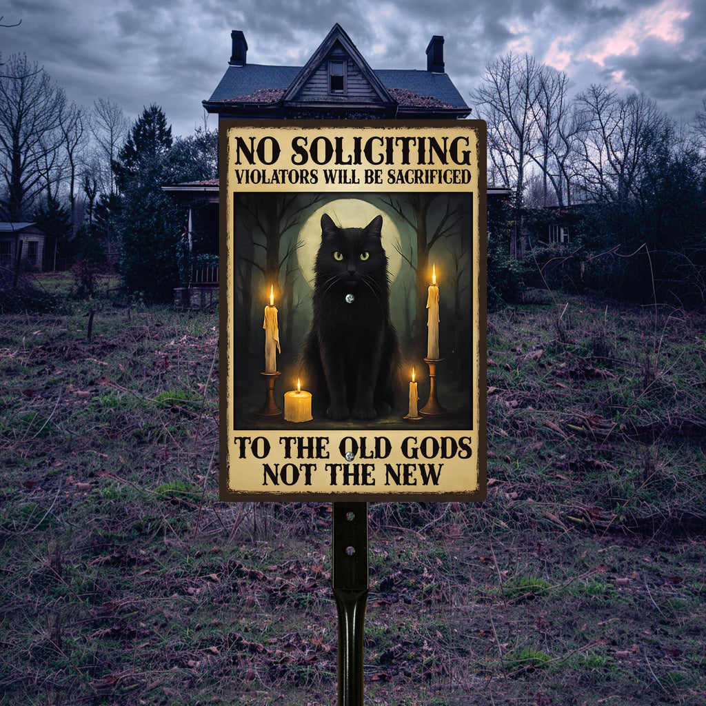 Gothic Black Cat No Soliciting Halloween Yard Sign with 16" Stake, Rust-Free Aluminum Spooky Witchy Garden Decor, Outdoor Haunted House Sign