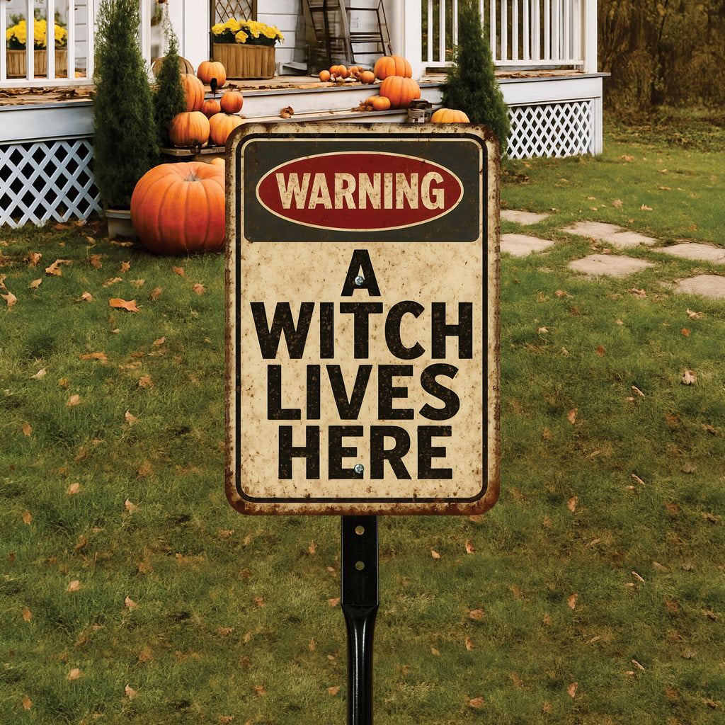 Warning A Witch Lives Here Halloween Yard Sign with 16" Stake, Rust-Free Aluminum Haunted House Decoration, Outdoor Witch Party Garden Sign