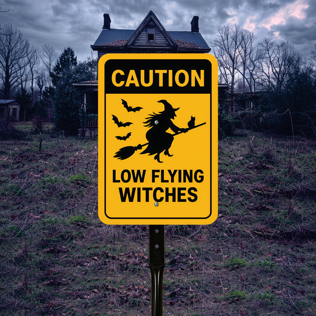 Caution Low Flying Witches Halloween Yard Sign with 16" Stake, Rust-Free Aluminum Witch Broom Garden Decoration, Outdoor Spooky Party Sign