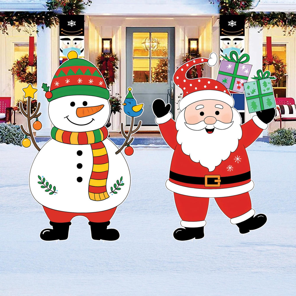 Christmas Yard Signs with Stakes, Santa Claus & Snowman Outdoor Decorations, Winter Holiday Lawn Patio Garden Decor for Christmas Party