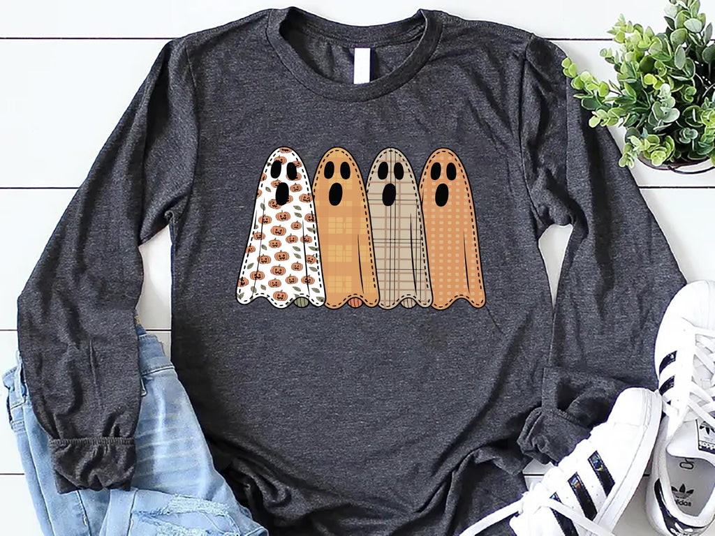 Preppy Floral Ghost Long Sleeve Shirt, Fall Ghost Tee