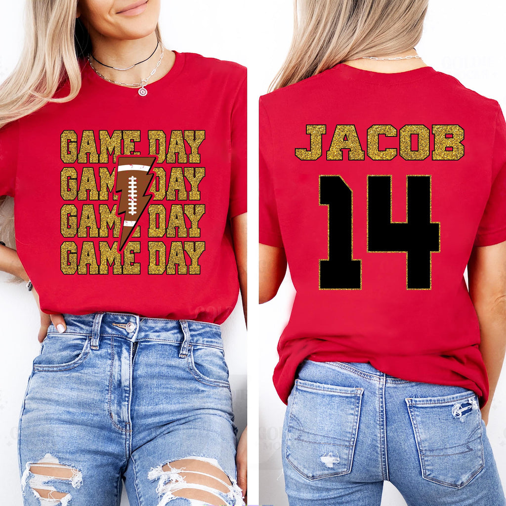 Personalized Football Game Day Shirt, Custom Game Day Mom Football Shirt, Unisex Child Name And Number Football Season Tee, Front Back