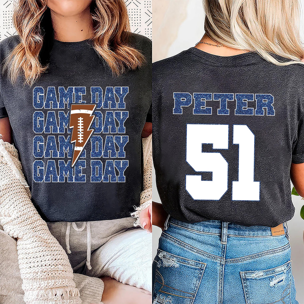 Personalized Football Game Day Shirt, Custom Game Day Mom Football Shirt, Unisex Child Name And Number Football Season Tee, Front Back