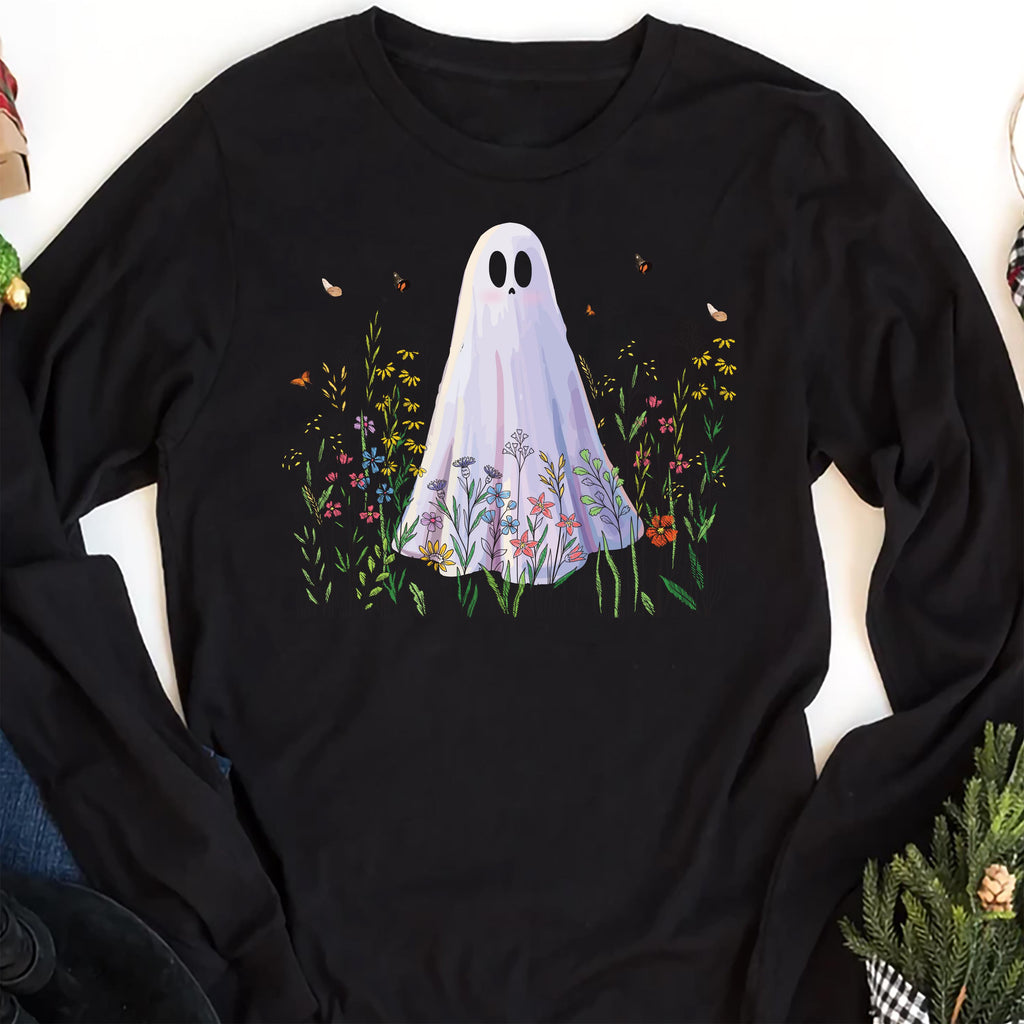 Cute Ghost in Wildflowers Long Sleeve Shirt