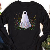 Cute Ghost in Wildflowers Long Sleeve Shirt