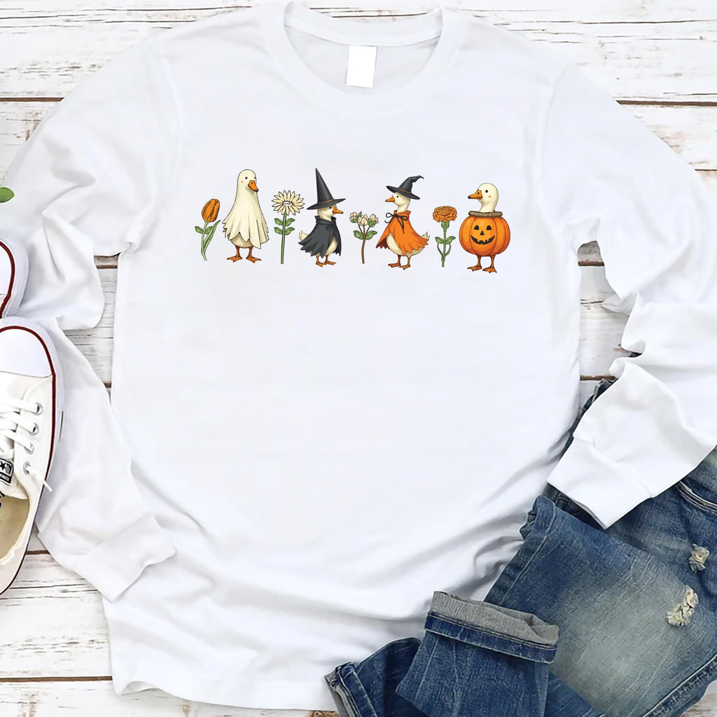 Halloween Goose Long Sleeve Shirt, Cute Fall Pumpkin Witch Goose Tee