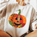 Patchwork Pumpkin Sweatshirt, Halloween Patchwork Tee, Cute Jack-o’-Lantern Top