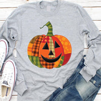 Patchwork Pumpkin Long Sleeve Shirt, Halloween Patchwork Tee, Cute Jack-o’-Lantern Top