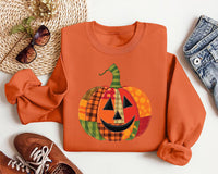 Patchwork Pumpkin Sweatshirt, Halloween Patchwork Tee, Cute Jack-o’-Lantern Top