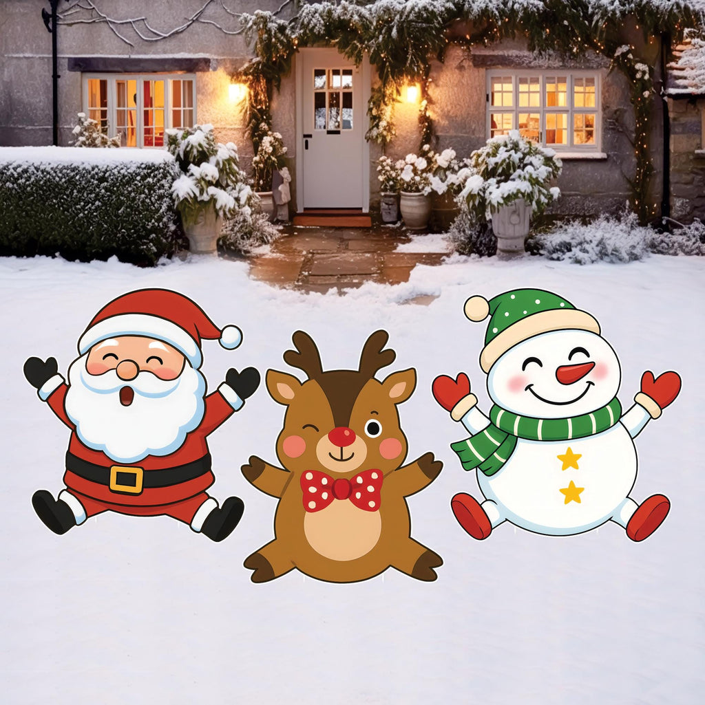 Santa Reindeer Snowman Yard Signs, Cute Christmas Lawn Decorations with Stakes, Waterproof Outdoor Holiday Garden Patio Pathway Décor