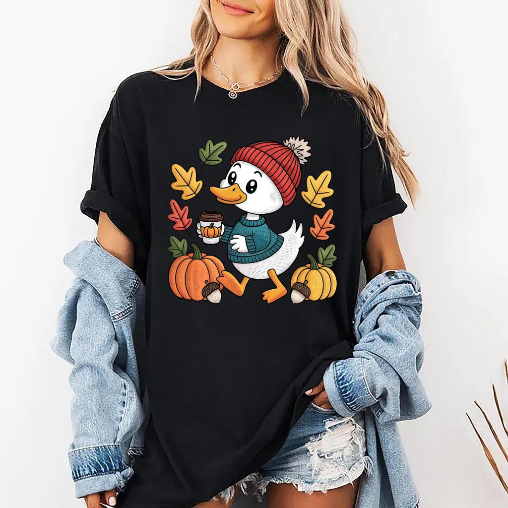 Trendy Cute Fall Duck Shirt, Cozy Autumn Coffee Shirt, Pumpkin Patch Duck Tee