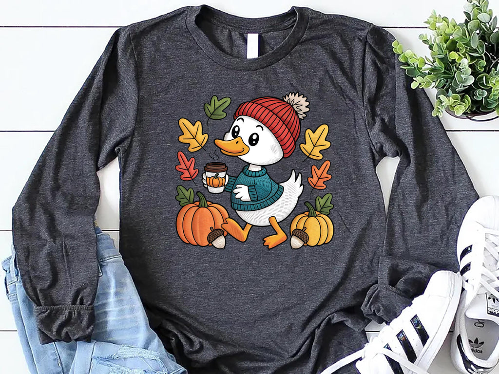 Trendy Cute Fall Duck Long Sleeve Shirt, Cozy Autumn Coffee Shirt, Pumpkin Patch Duck Tee