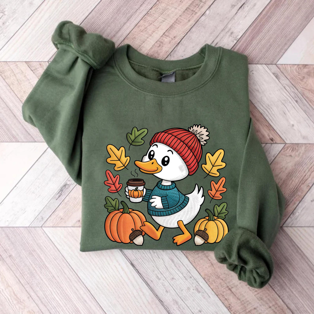 Trendy Cute Fall Duck Sweatshirt, Cozy Autumn Coffee Shirt, Pumpkin Patch Duck Sweatshirt
