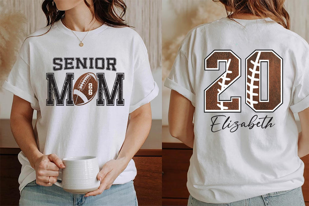 Custom Senior Football Mom Shirt, Personalized Team Spirit Tee With Kids Name and Number, Two Sided