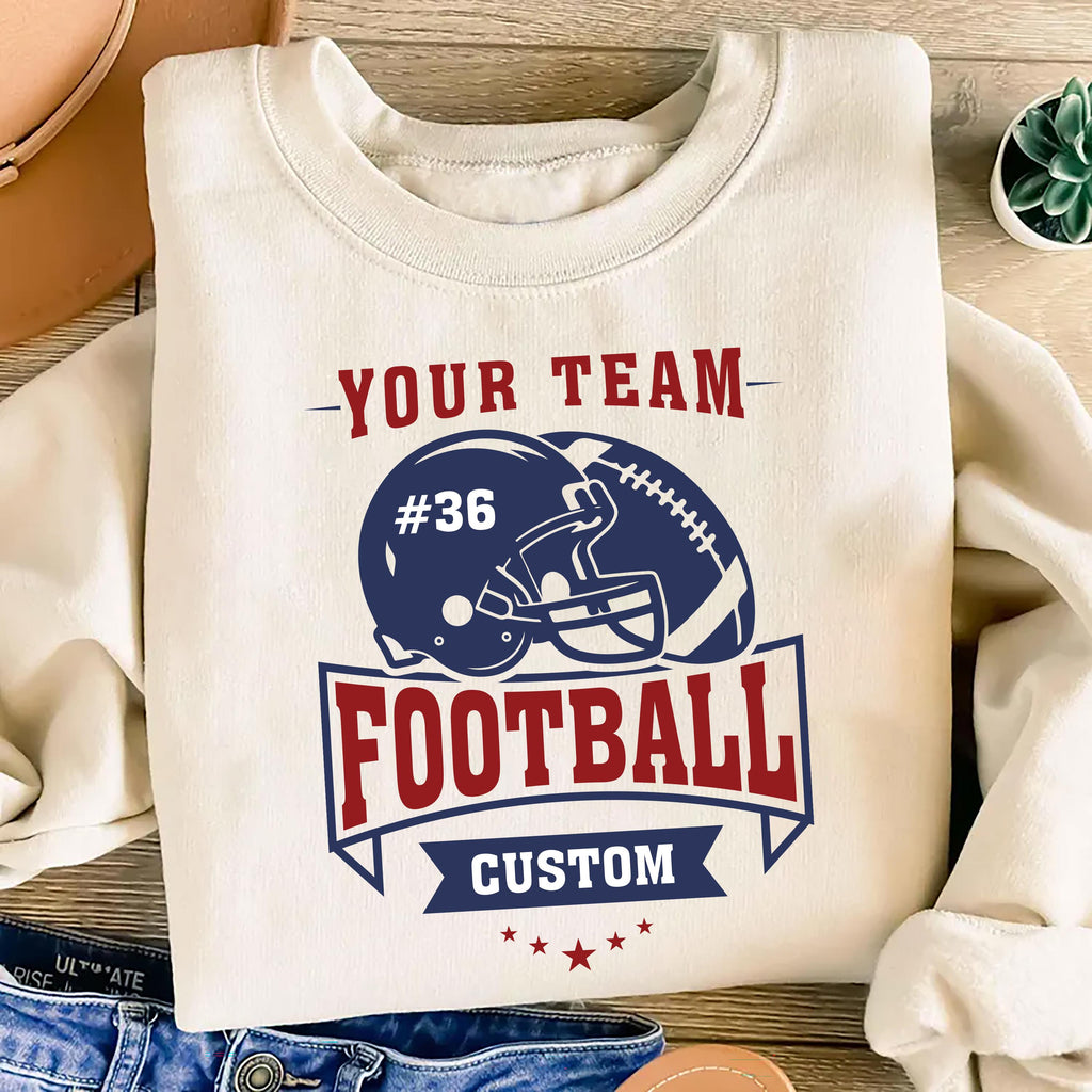 Custom Football Sweatshirt, Helmet and Ball Sports Shirt, Player Number Name Sweatshirt