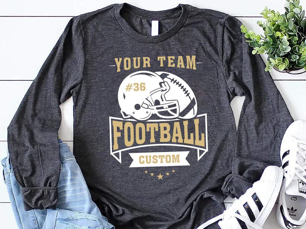 Custom Football Long Sleeve Shirt, Helmet and Ball Sports Shirt, Player Number Name Tee
