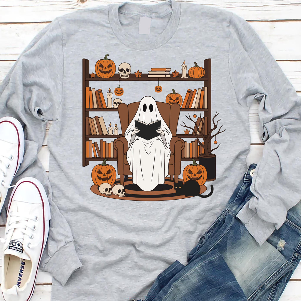 Halloween Ghost Book Reading Long Sleeve Shirt, Retro Bookish Halloween Shirt
