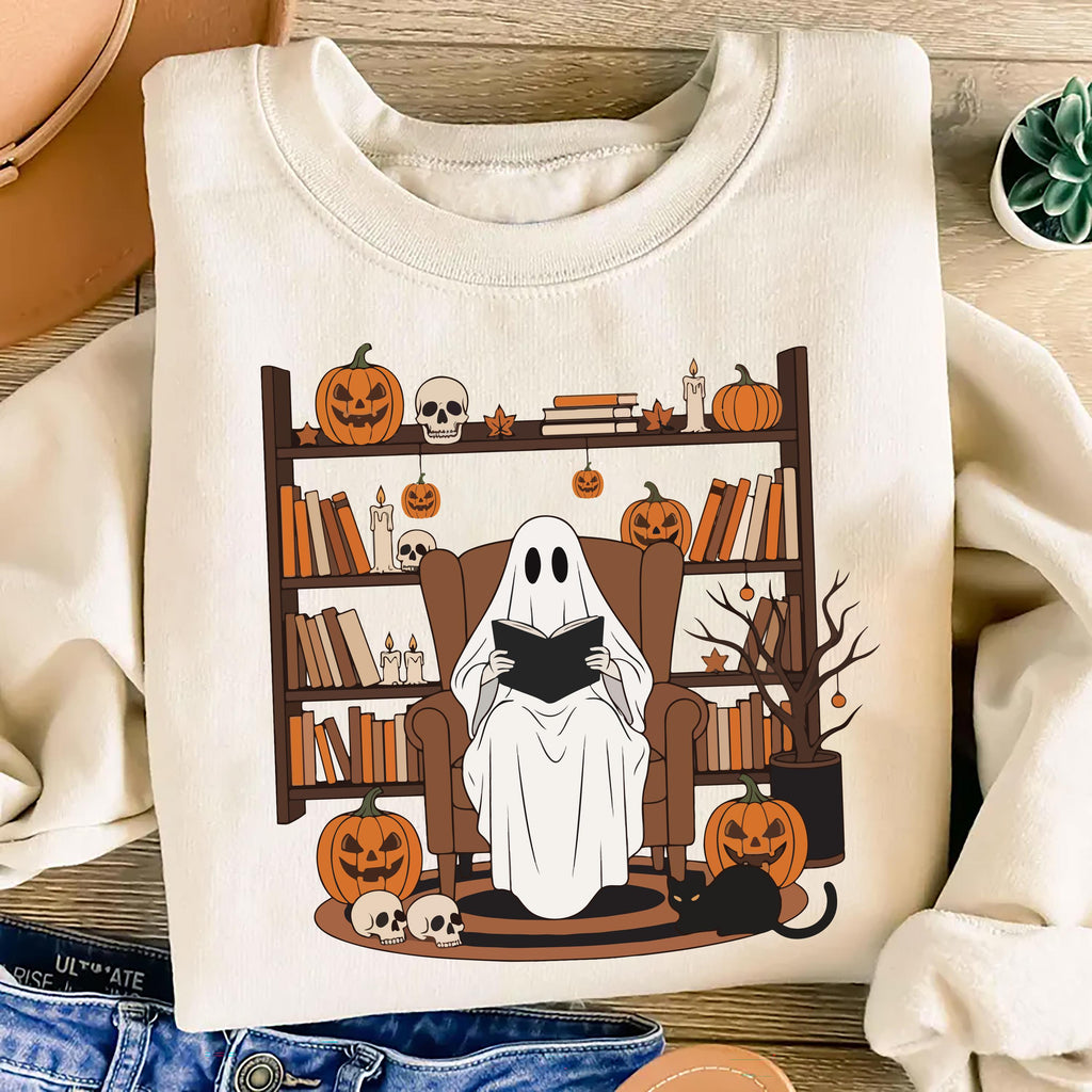 Halloween Ghost Book Reading Sweatshirt, Retro Bookish Halloween Sweatshirt