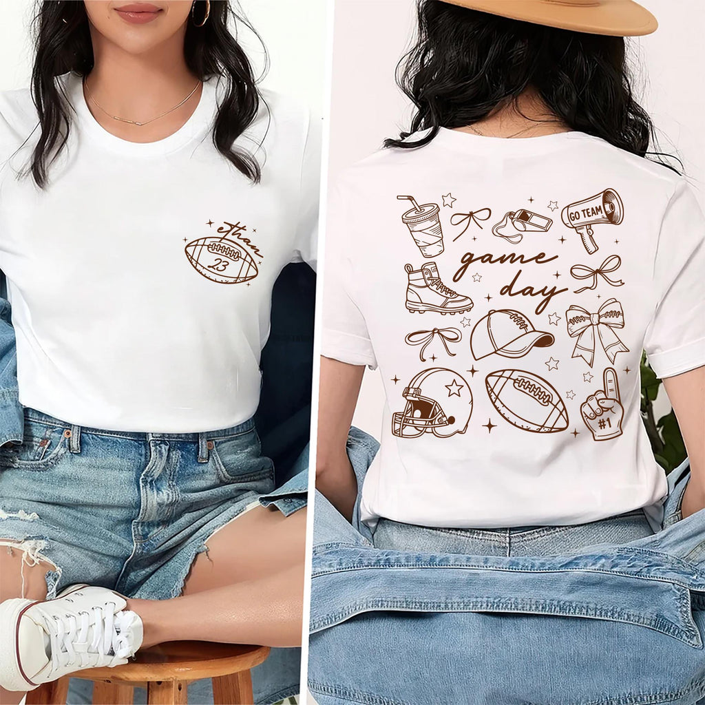 Custom Football Name Number Shirt, Coquette Football Mom Shirt, Game Day Apparel Tee, Front Back