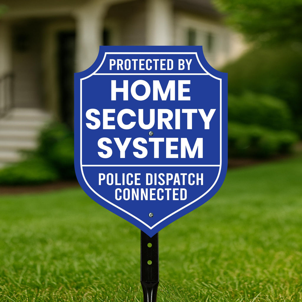 Protected by Home Security System Yard Sign with 16" Stake, Shield Shape Rust-Free Aluminum Warning Sign, UV Protected Outdoor Alarm Sign