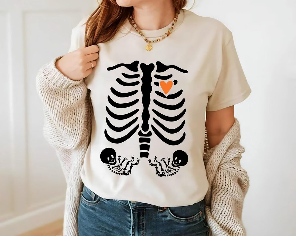 Skeleton Halloween Maternity Shirt, Fall Twin Pregnancy Announcement Tee, Spooky Pregnant Costume Shirt