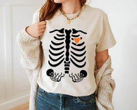 Skeleton Halloween Maternity Shirt, Fall Twin Pregnancy Announcement Tee, Spooky Pregnant Costume Shirt