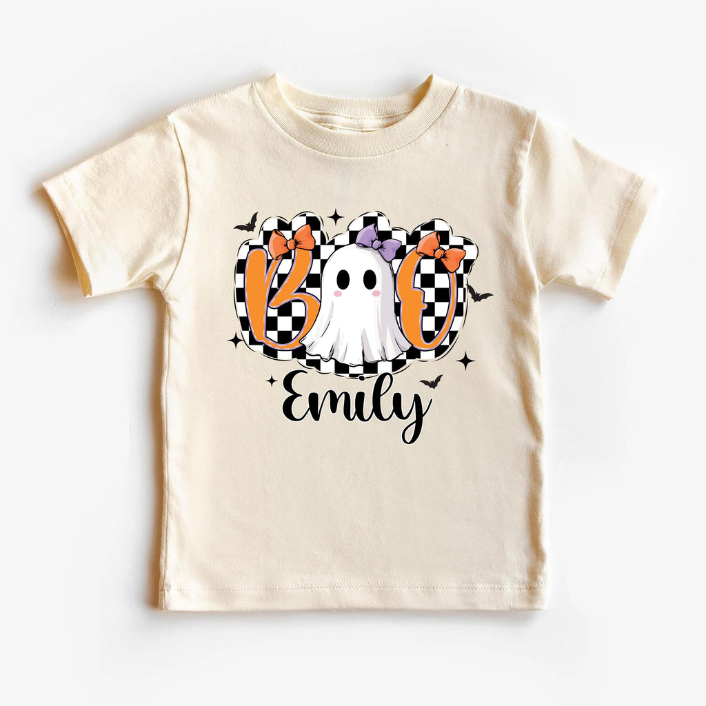 Halloween Girls Outfit Shirt, Personalized Name Halloween Shirt, Cute Fall Kids Tee, Checkered Ghost Shirt, Preppy Girls Halloween Shirt
