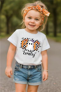 Halloween Girls Outfit Shirt, Personalized Name Halloween Shirt, Cute Fall Kids Tee, Checkered Ghost Shirt, Preppy Girls Halloween Shirt