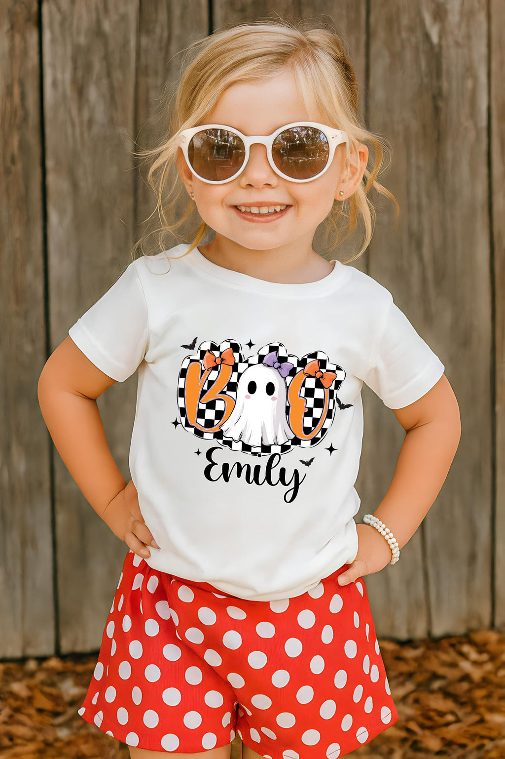 Halloween Girls Outfit Shirt, Personalized Name Halloween Shirt, Cute Fall Kids Tee, Checkered Ghost Shirt, Preppy Girls Halloween Shirt