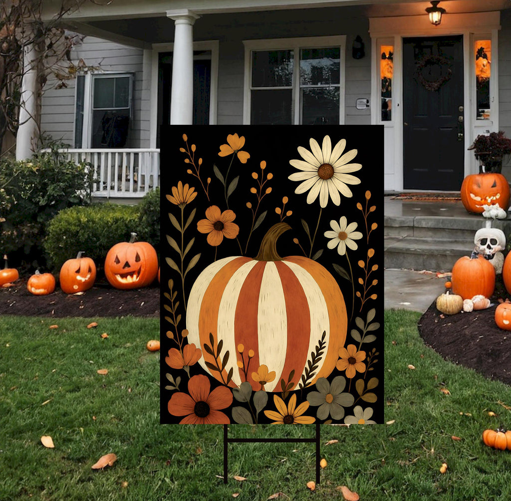 Rustic Pumpkin Yard Sign, Fall Floral Lawn Decoration, Autumn Striped Pumpkin Outdoor Sign, Harvest Thanksgiving Yard Sign with H-Stake