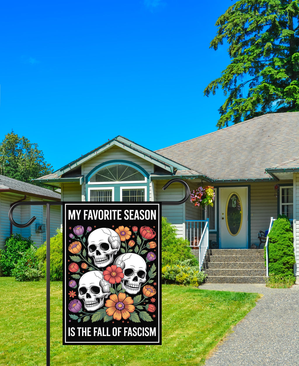 Fall of Fascism Garden Flag, Political Halloween Skull Yard Flag, Anti-Fascist Floral Decor, Spooky Fall Statement Outdoor Protest Flag