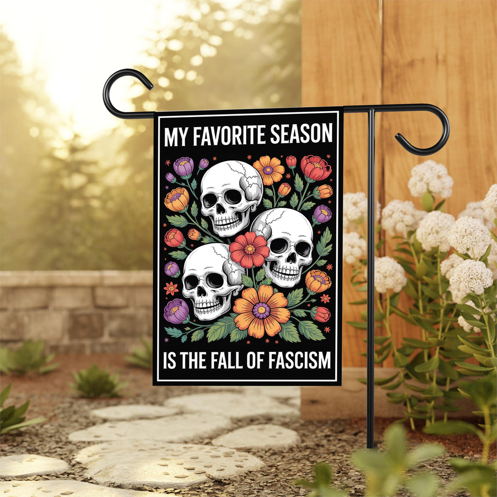 Fall of Fascism Garden Flag, Political Halloween Skull Yard Flag, Anti-Fascist Floral Decor, Spooky Fall Statement Outdoor Protest Flag