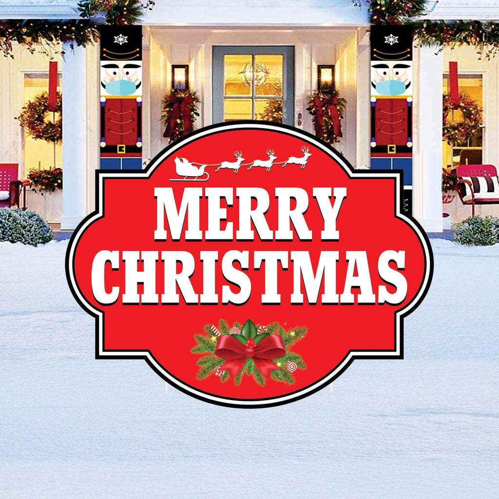 Merry Christmas Yard Sign, Outdoor Holiday Lawn Decoration with Stakes, Red Christmas Plaque Waterproof Garden Patio Walkway Xmas Décor