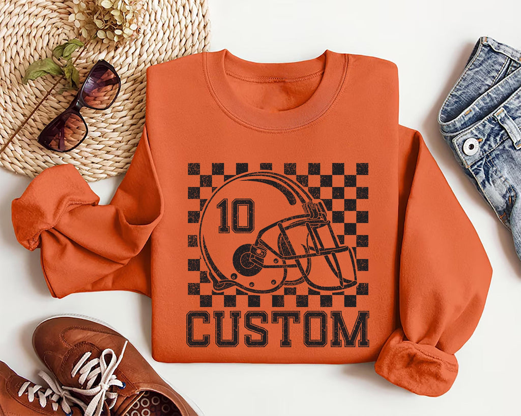 Custom Checkered Football Name and Number Sweatshirt, Custom Football Tee, Personalized Football Player Sweatshirt