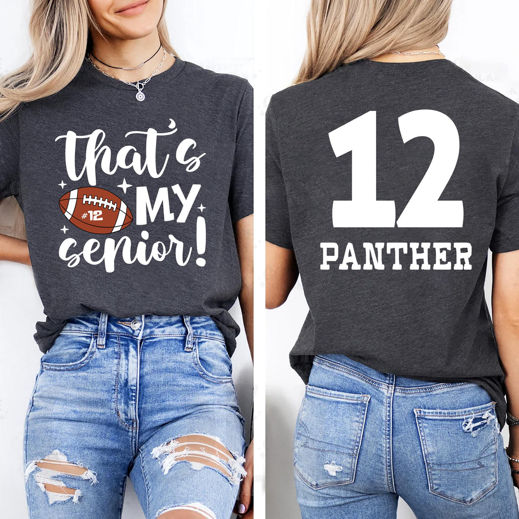 Personalized Senior 2025 Football Mom Shirt, Custom Name Number Football Shirt, Senior Name and Player Number Mom Unisex Tee, Front Back