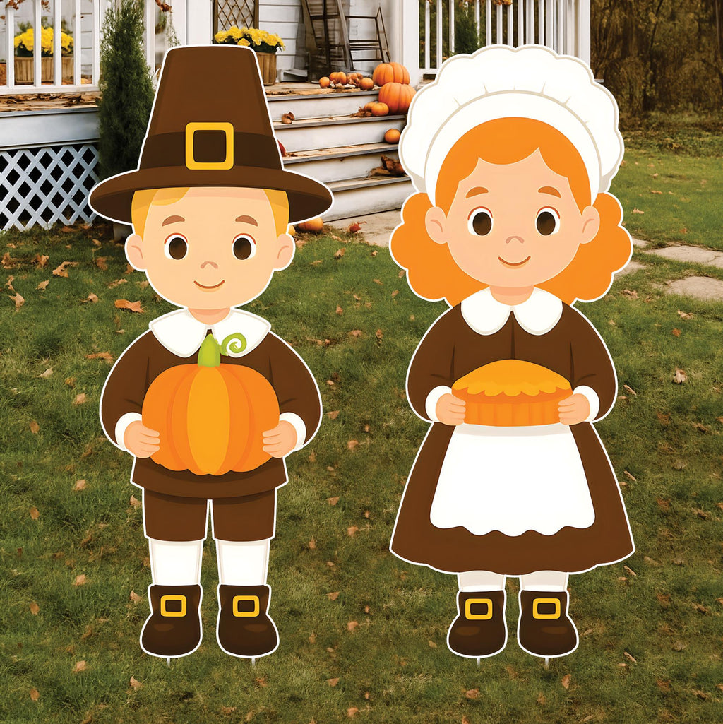 Thanksgiving Pilgrim Yard Signs with Metal Stakes, Harvest Boy and Girl Lawn Decorations, Fall Outdoor Garden Patio Walkway Autumn Décor