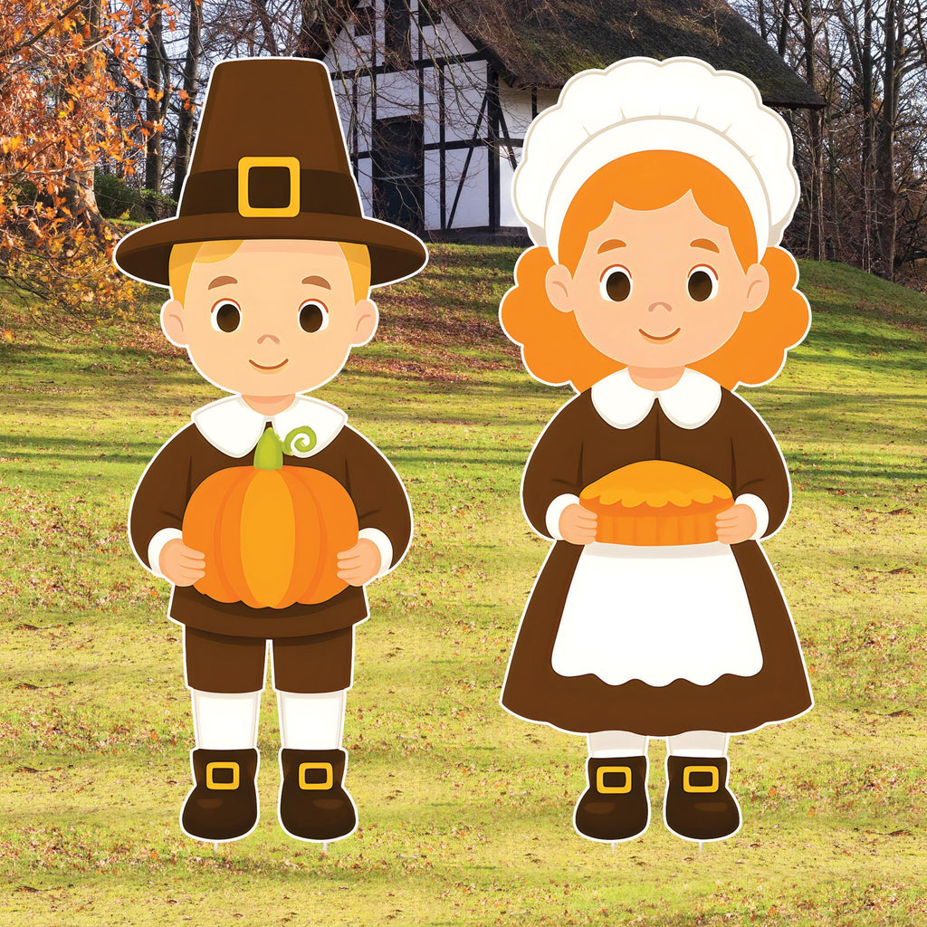 Thanksgiving Pilgrim Yard Signs with Metal Stakes, Harvest Boy and Girl Lawn Decorations, Fall Outdoor Garden Patio Walkway Autumn Décor