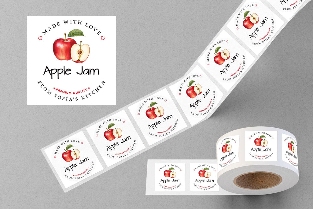 Personalized Apple Jam Roll Labels, Custom Apple Jam Product Stickers, Business Apple Jam Labels for Jars, Apple Jam Canning, Lid Stickers
