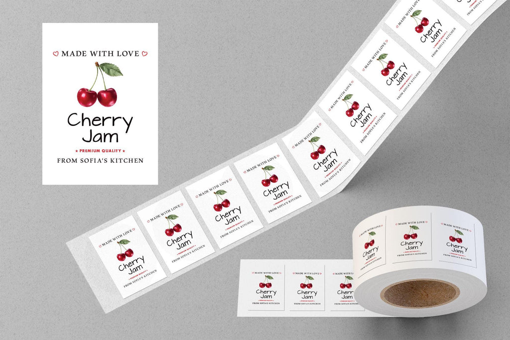 Personalized Cherry Jam Roll Labels, Custom Cherry Jam Product Stickers, Business Cherry Jam Labels for Jars, Canning, Lid Stickers