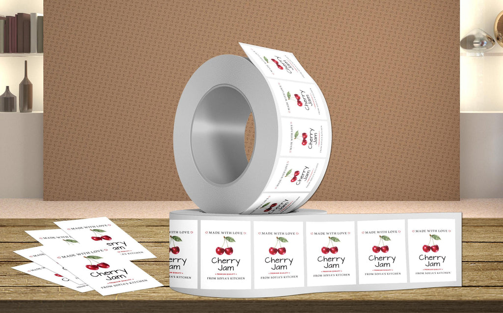 Personalized Cherry Jam Roll Labels, Custom Cherry Jam Product Stickers, Business Cherry Jam Labels for Jars, Canning, Lid Stickers
