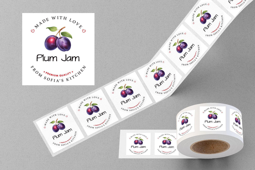 Personalized Plum Jam Roll Labels, Custom Plum Jam Product Stickers, Business Plum Jam Labels for Jars, Plum Jam Canning, Lid Stickers