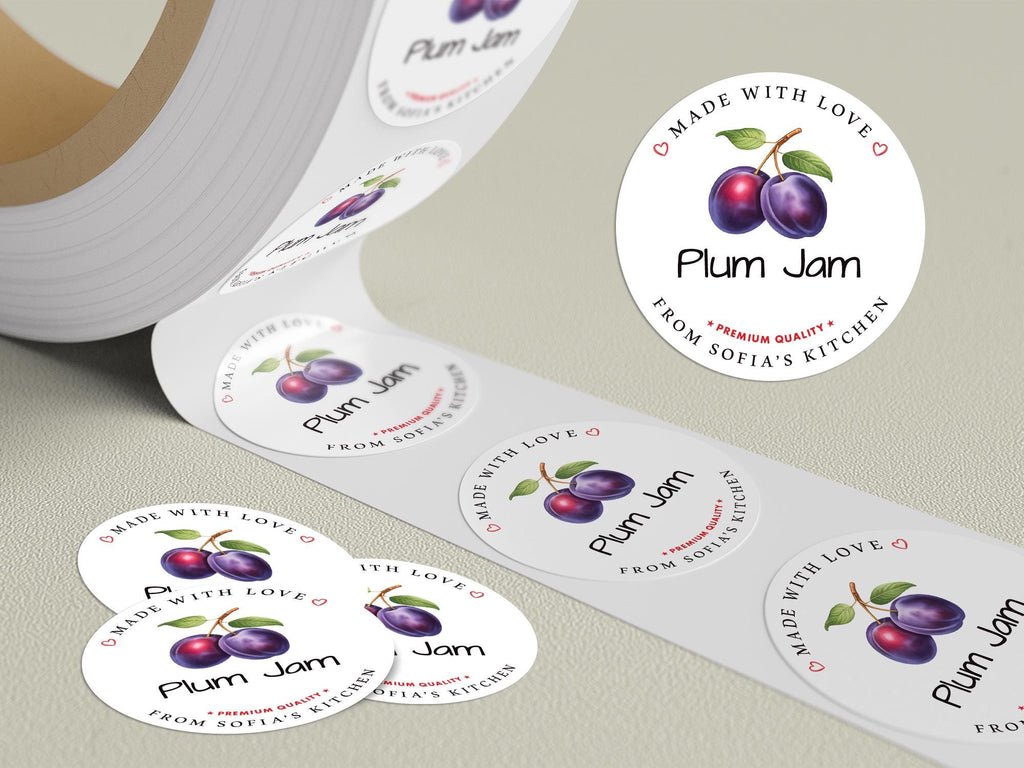 Personalized Plum Jam Roll Labels, Custom Plum Jam Product Stickers, Business Plum Jam Labels for Jars, Plum Jam Canning, Lid Stickers