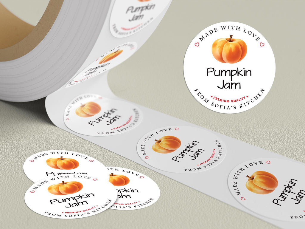Personalized Pumpkin Jam Roll Labels, Custom Pumpkin Jam Product Stickers, Business Pumpkin Jam Labels for Jars, Canning, Lid Stickers