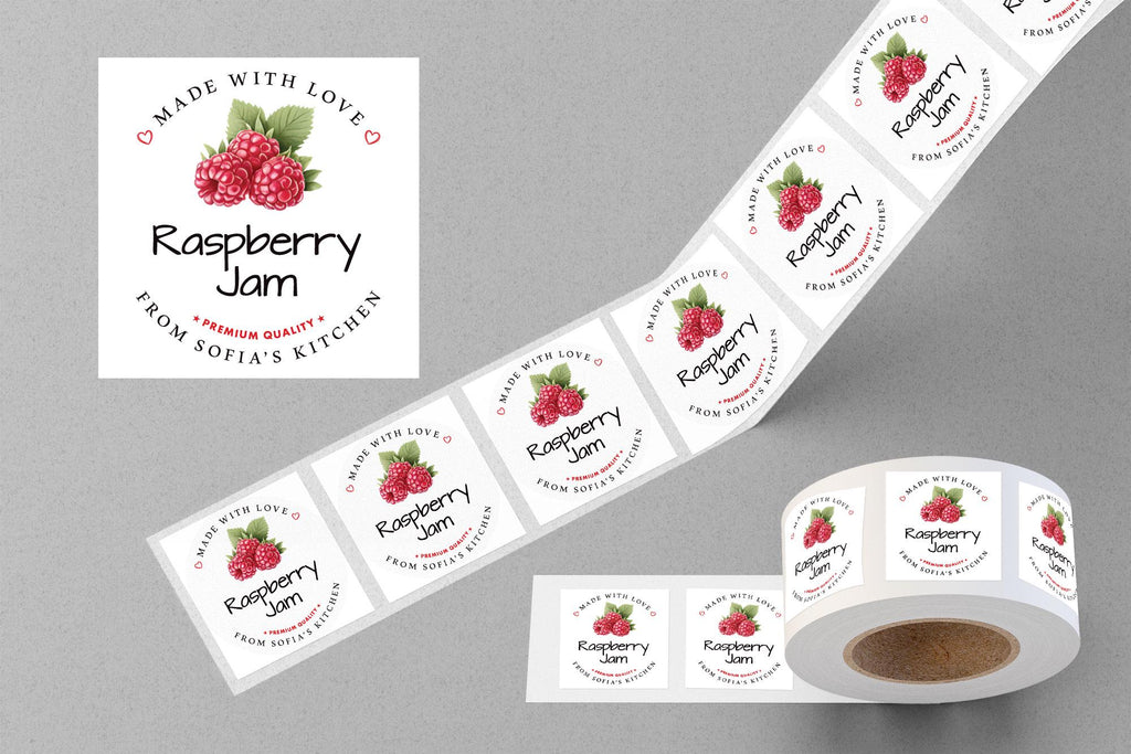 Personalized Raspberry Jam Roll Labels, Custom Raspberry Jam Product Stickers, Business Raspberry Jam Labels for Jars, Canning, Lid Stickers